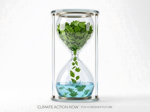 A conceptual hourglass with green leaves falling into blue water representing the passage of time and the importance of environmental sustainability and nature