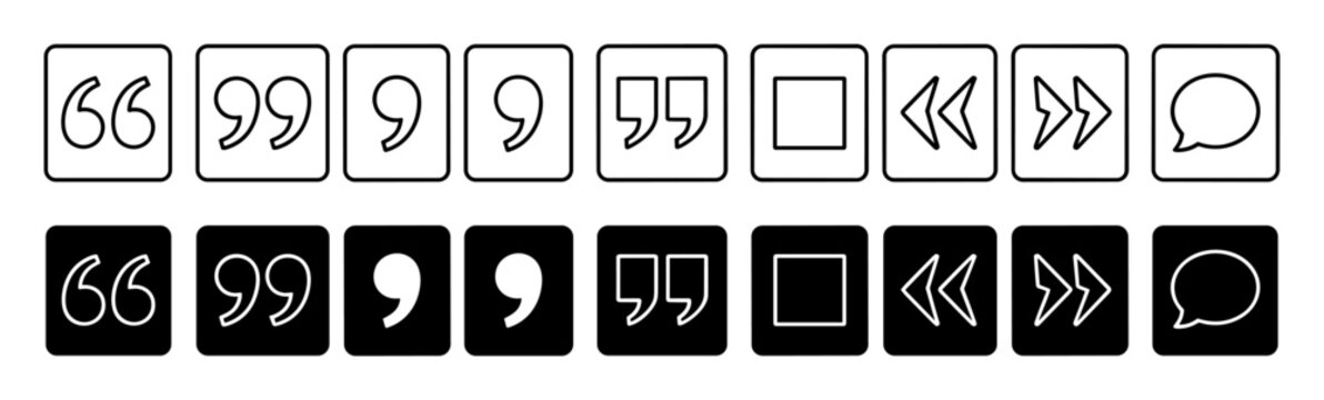 Set of quotation marks, comma, stop, rewind, fast forward, and chat icons in black and white outline and filled styles on transparent background