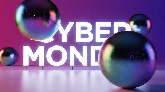 Glowing Cyber Monday text with reflective spheres in purple room