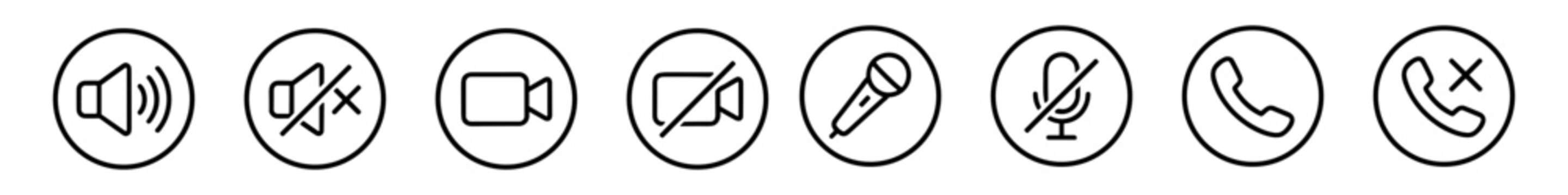 Set of communication icons including sound, mute, video, no video, microphone, microphone, phone, and no phone symbols on transparent background
