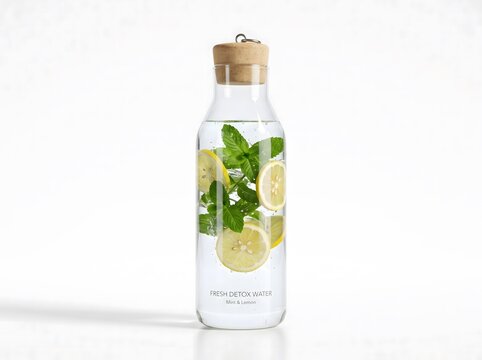 A clear glass bottle filled with refreshing infused water containing fresh green mint leaves and sliced yellow lemon isolated on a white background