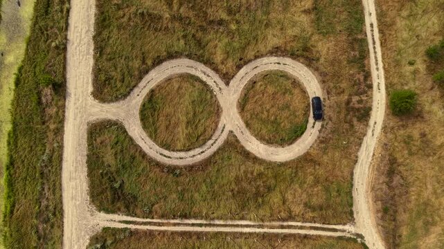 Figure eight road on driving proving ground aerial view, automotive test track and maneuver training concept