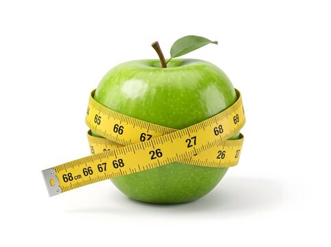 A fresh green apple wrapped with a yellow measuring tape isolated on a white background representing healthy eating and weight loss concepts