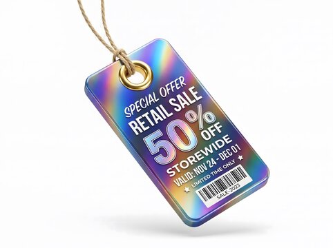 A holographic retail sale tag hanging by a string showing a fifty percent discount offer for a store wide promotion on white background