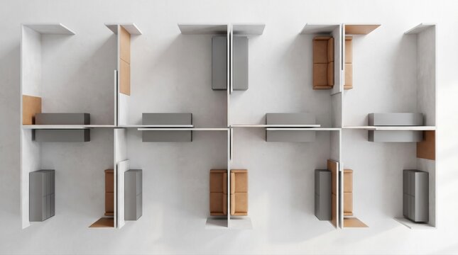 Top view of modular office cubicle layout with gray desks tan seating and white partitions on floor.