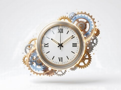 A vintage style clock face surrounded by intricate metallic gears and cogs floating against a clean white background representing mechanical time concepts