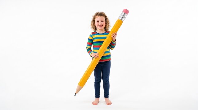 Young child holding a giant yellow pencil against a white background