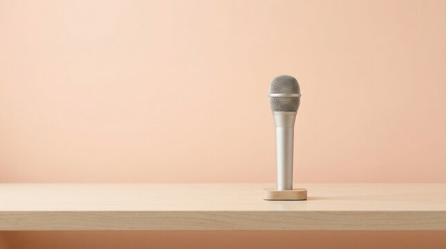 Minimalist silver dynamic microphone standing on a wooden surface against a neutral peach background for podcasting, recording, and speech broadcasting