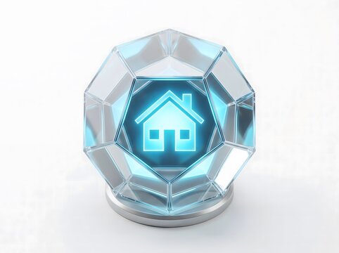 A glowing blue house icon inside a multifaceted transparent crystal sphere isolated on a white background representing smart home technology and security