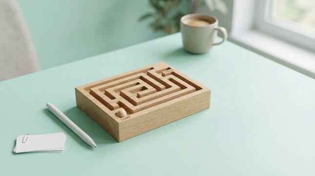 A minimalist desk setup featuring a wooden maze puzzle, a notebook, and a pen, suggesting a concept of planning, strategy, and problem-solving
