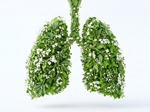 A conceptual illustration of human lungs made from vibrant green leaves and foliage representing environmental health and the importance of clean fresh air