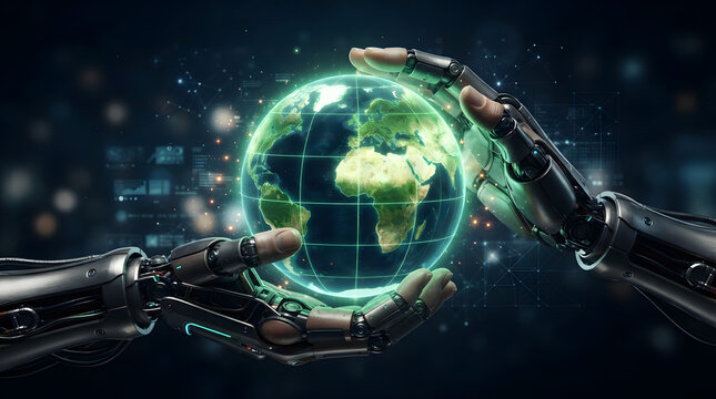 Robotic hands holding a glowing green hologram planet Earth, representing artificial intelligence and global technology innovation