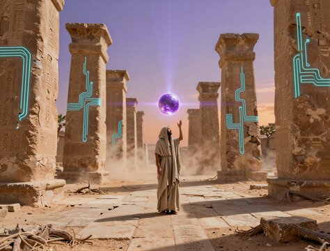 Robe clad figure raising hand amid ancient pillar ruins