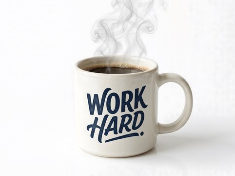 A white ceramic coffee mug with the text work hard printed on the front sitting on a plain white background with rising steam
