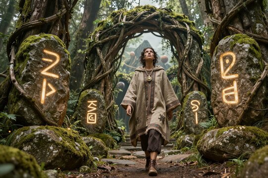 Person walking through rune stone archway in mossy forest path