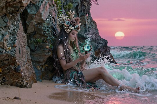 Sea nymph seated with glowing orb on rocky beach at sunset