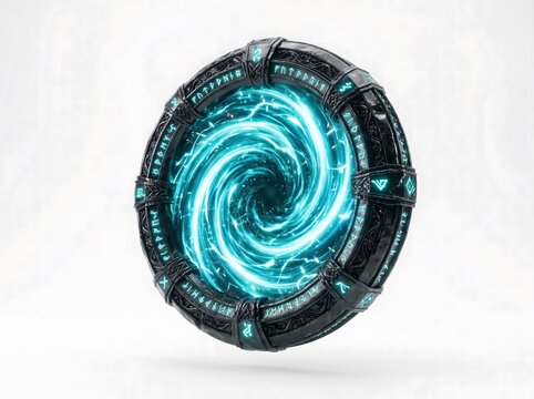 A circular sci fi portal with glowing blue energy swirling inside a dark metallic frame isolated on a plain white background for design