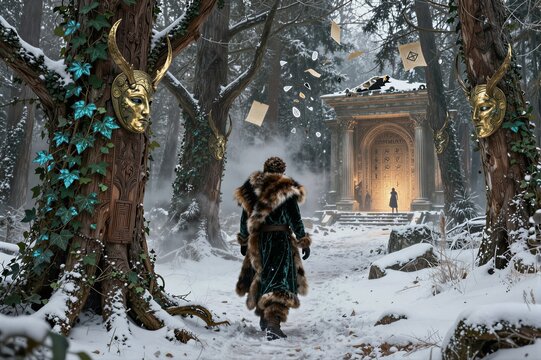 Person wearing fur coat approaching ornate doorway in snowy forest