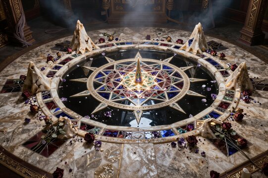 Ornate circular astrolabe resting on marble ceremonial floor