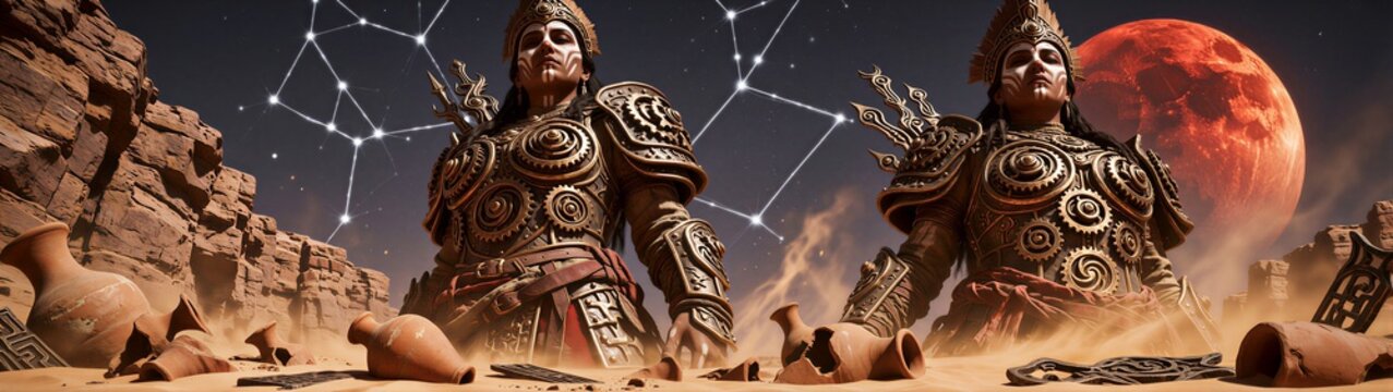 Armored warrior statues standing in desert ruins under sky