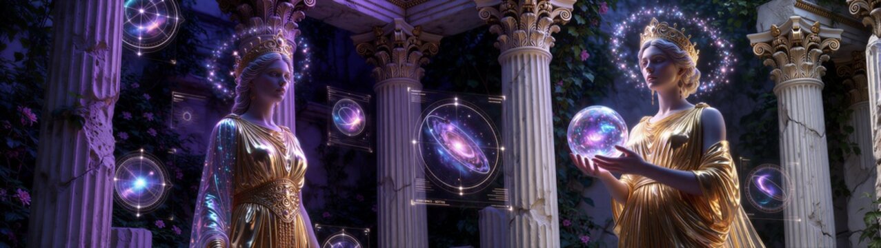 Two statues holding glowing orbs in classical columned hall