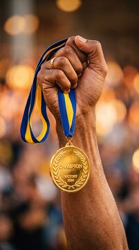 Golden medal with "Champion Victory 2024" and laurel wreath, held in a raised fist, symbolizing achievement and success.