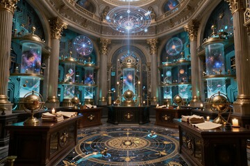 Obraz premium Celestial library displaying astronomical instruments in domed hall