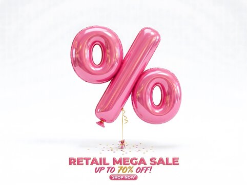 A large pink balloon shaped as a percentage sign floating against a clean white background representing a retail mega sale event promotion