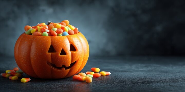Jack-o-lantern pumpkin bucket filled with colorful candy corn for Halloween celebration on a dark rustic textured background with copy space area