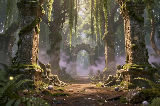 Overgrown ruins framed by ancient pillars along forest pathway