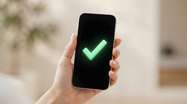 Hand holding smartphone displaying green check mark icon screen abstract business technology verification success approval concept