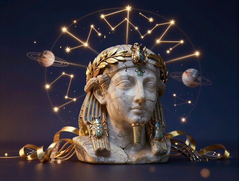 Ancient egyptian bust adorned with golden scarabs in cosmos backdrop