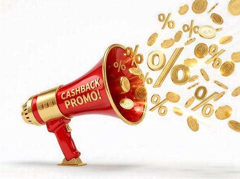A red megaphone broadcasting golden percentage signs and floating coins to represent a major retail sale event or a big marketing promotion