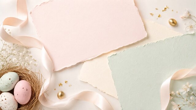 Pastel Easter Background with Eggs and Ribbon Elegant Easter flat lay with speckled eggs, torn pastel paper, satin ribbon, pearls, and delicate festive decorations with copy space.