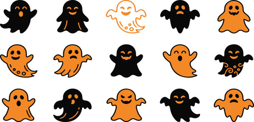 Obraz premium Set of cute cartoon ghost stickers for halloween decoration featuring black and orange spooky spirits on white background