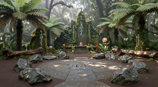 Stone circle adorned with runes in tropical forest clearing