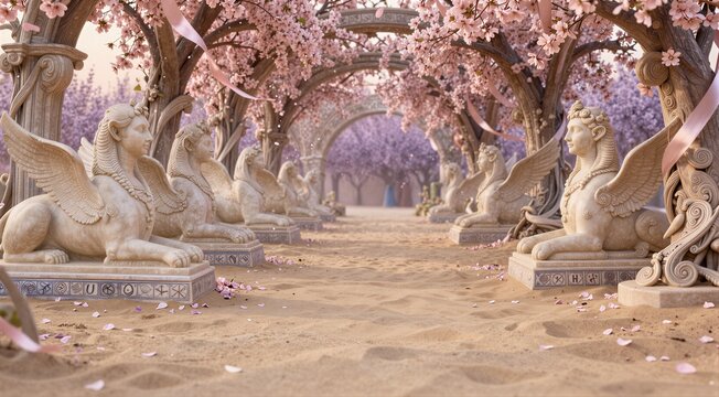 Stone sphinx statues lining cherry blossom avenue in garden