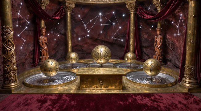 Golden orrery spheres floating above ornate basin in temple