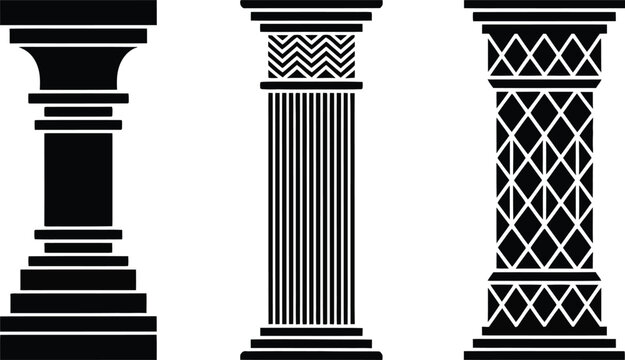 Three distinct black architectural columns isolated on a white background showcasing varied decorative styles