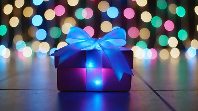 Glowing gift box with blue ribbon against colorful bokeh lights