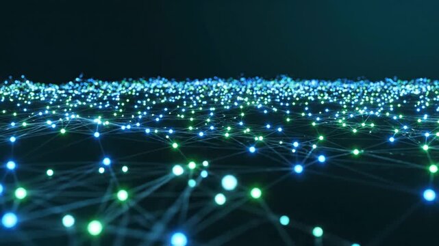 Glowing digital network nodes on dark blue background