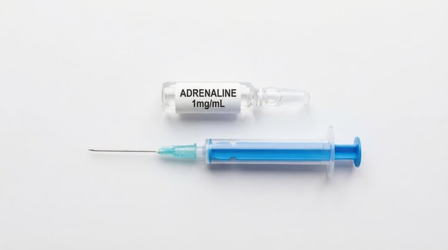 Clear adrenaline ampoule and blue syringe on white background for allergy emergency poster and medical awareness banner design