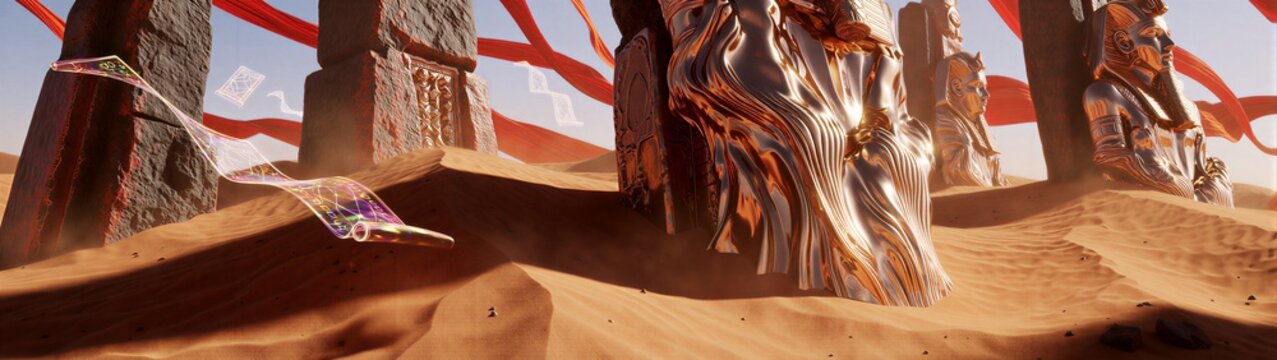 Carved obelisks rising from sandy dunes under flowing banners