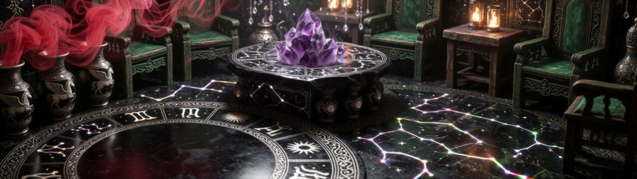 Crystal cluster resting on astrological table in candlelit chamber