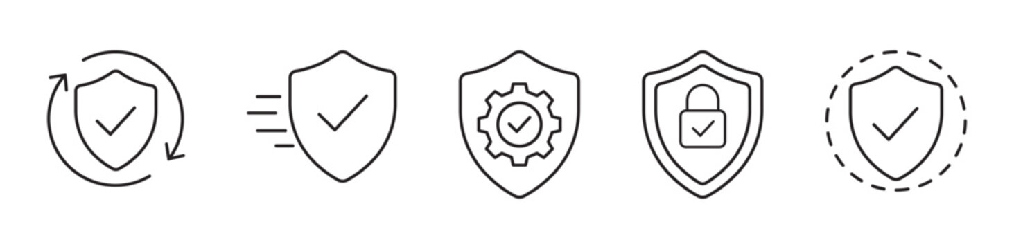 Approve and checkmark line editable icon set. Vector illustration. Editable stroke. Shield check mark icon with editable stroke. Thin Line and flat icons for UI designs. Verification approved line ico