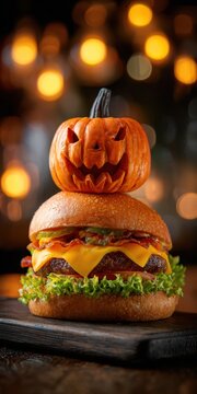 Halloween Cheeseburger Topped With A Mini Jack-O-Lantern Pumpkin Decoration On A Wooden Board Against A Festive Blurred Background For Party Food