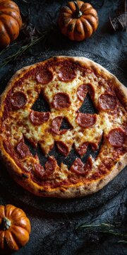 Halloween pepperoni pizza with jack-o-lantern face design on dark background with small pumpkins for festive party food and holiday celebration