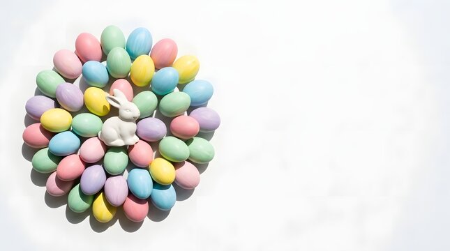A circular arrangement of colorful pastel easter eggs isolated on a white background with empty copy space for text