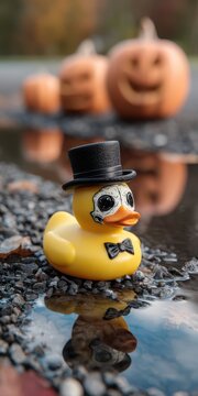 Rubber duck wearing a top hat and bowtie with skull face paint for Halloween celebration, resting near a puddle with carved pumpkins in background