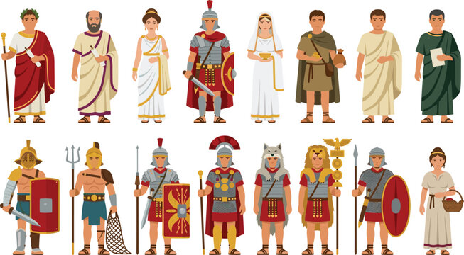 Ancient Roman Character Vector Set with Emperor Gladiator Soldier Senator Citizen and Historical Empire People Figures